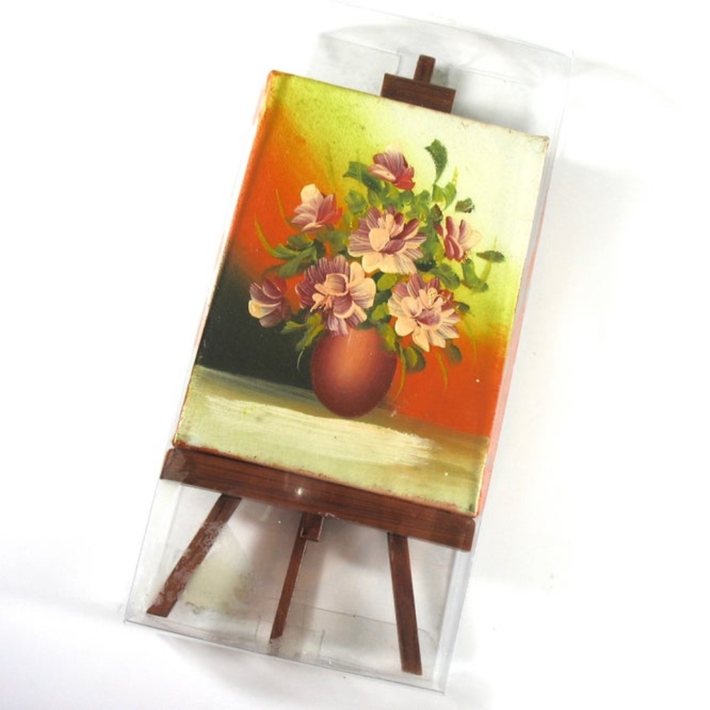 Small Oil Painting with Easel, Hand Painted Floral
